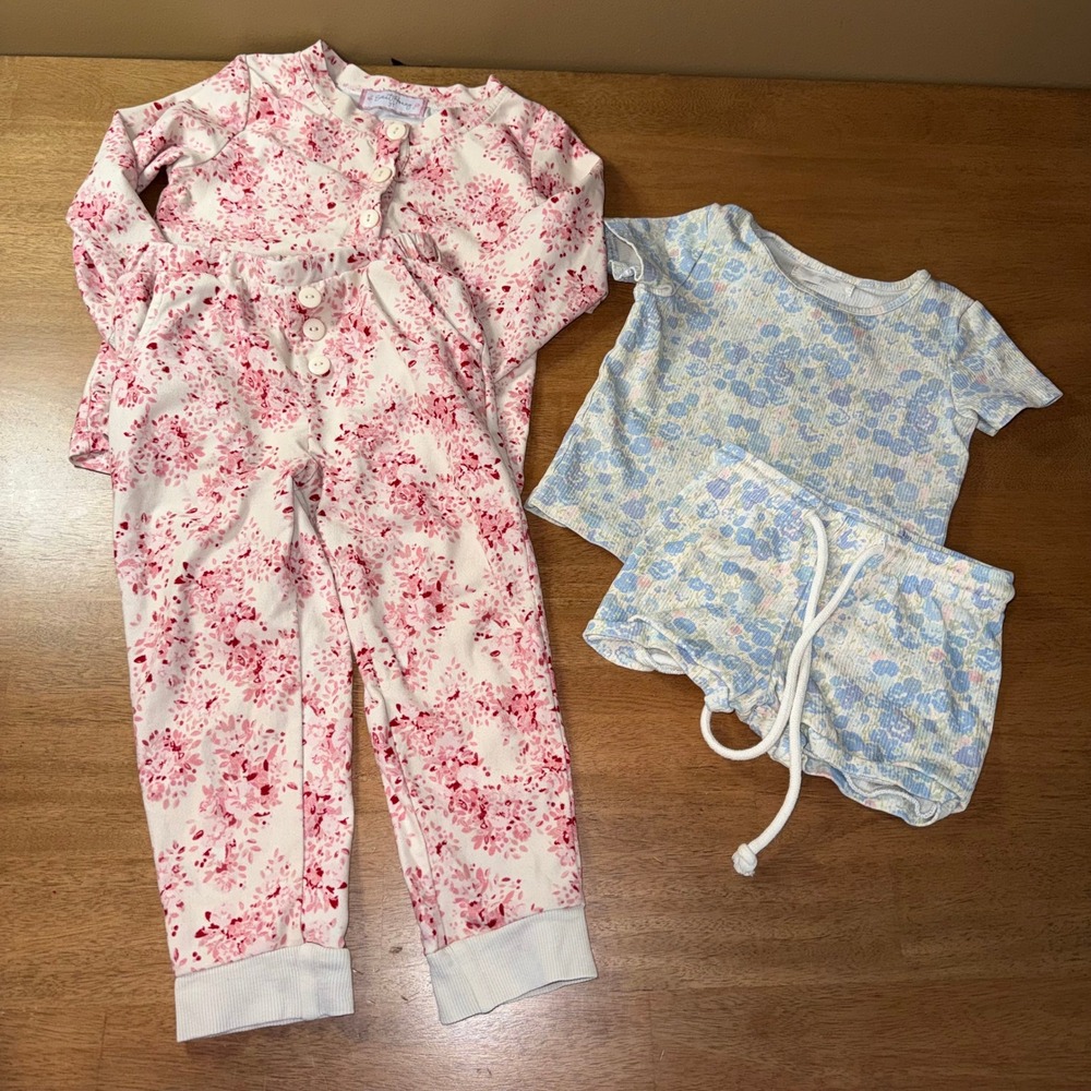 SweetHoney Lot of 2 Floral Pajama Sets Pink Blue Ribbed 3T Long Short Sleeve